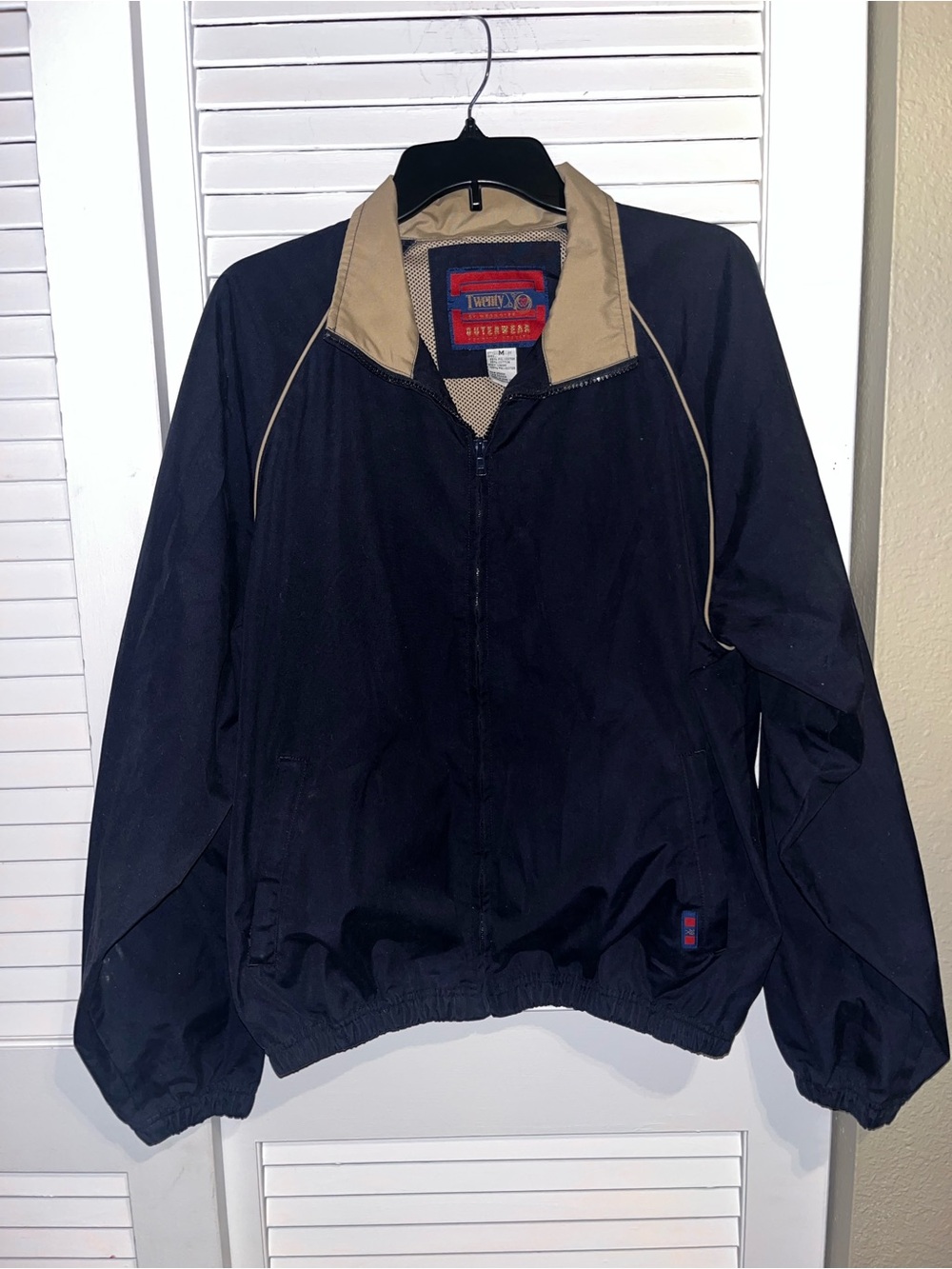 Vintage twenty x by wrangler navy blue and tan full zip windbreaker jacket